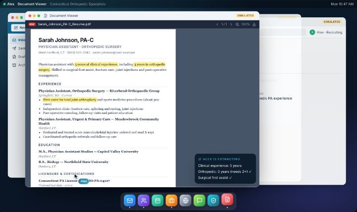 Alex reviewing a PDF résumé in the demonstration